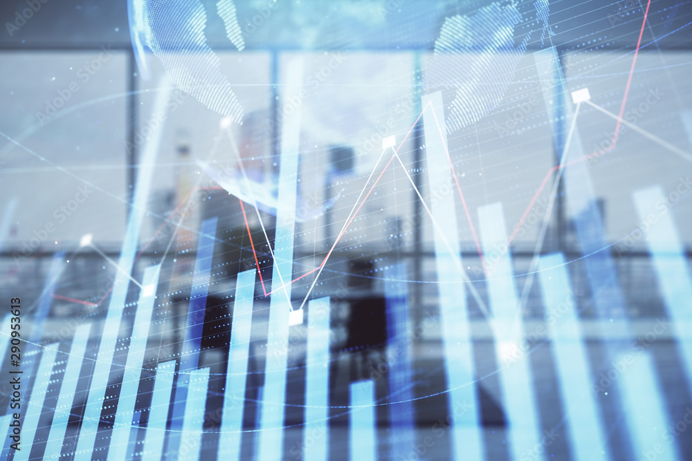 Forex chart hologram with map and minimalistic cabinet interior background. Double exposure. International business concept.
