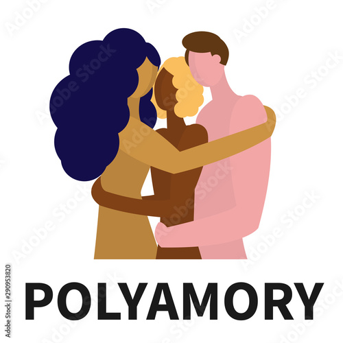 Polyamory of three people of different sexes and different nationalities. Custom love and open relationships. Embrace of three naked partners. The word polyamory under the picture.