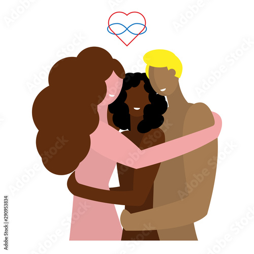 Polyamory of three people of different sexes and different nationalities. Custom love and open relationships. Embrace of three naked partners. Symbol polyamory heart and a sign of infinity.