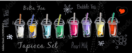 Milk bubble tea drink set vector illustration