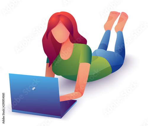 A vector illustration with a woman lying with her laptop chatting or surfing internet or doing freelance work on a white background.