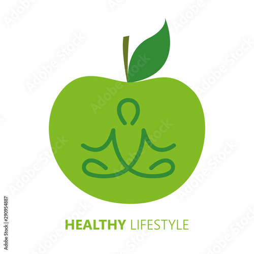healthy lifestyle person in yoga pose and green apple vector illustration EPS10