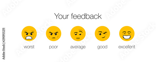 emotion feedback scale on white background. Angry, sad, neutral, satisfied and happy emoticon set Review of consumer. yellow funny cartoon Emoji icons User experience. Rank, level satisfaction rating