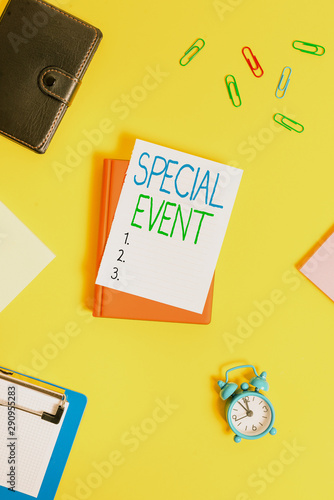 Handwriting text Special Event. Conceptual photo Function to generate money for non profit a Crowded Occassion Paper clips with blank papers for text messages
