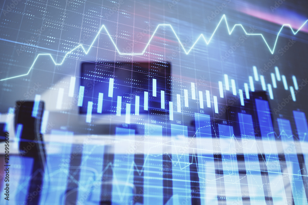 Stock market chart and desktop office computer background. Multi exposure. Concept of financial analysis. Stock market chart and desktop office computer background. Multi exposure. Concept of financial analysis.