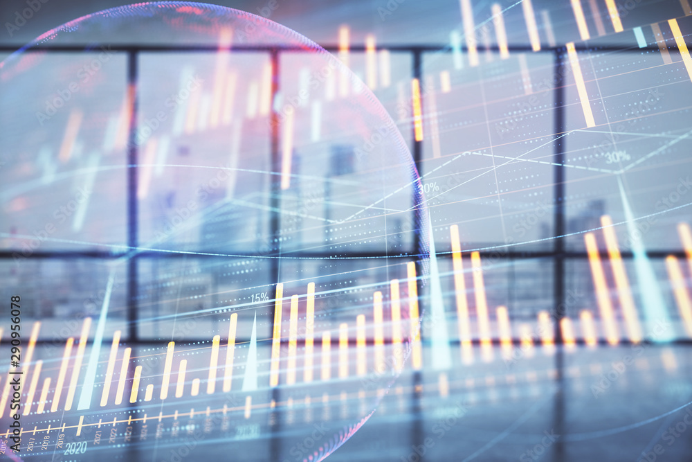 Double exposure of financial chart with world map on empty room interior background. International market concept. Double exposure of financial chart with world map on empty room interior background. International market concept.