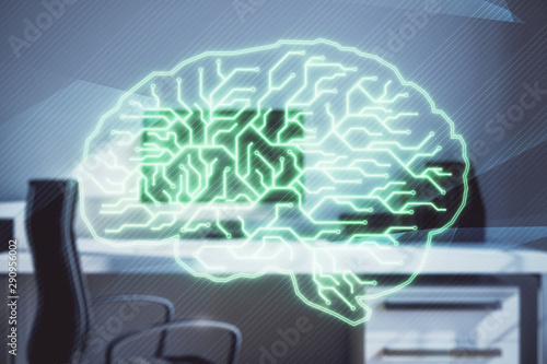 Brain sketch hologram with desktop office background. Double exposure. Brainstorm concept.