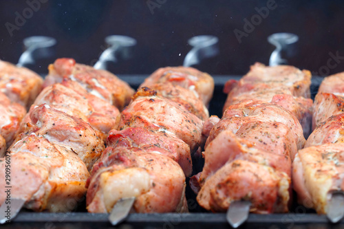 Juicy marinated in spices meat kebab on skewers. Cooking barbecue on the grill