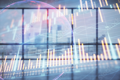 Wallpaper Mural Double exposure of financial chart with world map on empty room interior background. International market concept. Torontodigital.ca