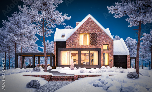 3d rendering of modern cozy clinker house on the ponds with garage and pool for sale or rent with beautiful landscaping on background. Cool winter night with warm cozy light inside.