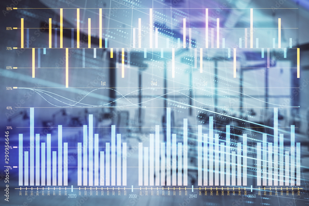 Stock and bond market graph with trading desk bank office interior on background. Multi exposure. Concept of financial analysis Stock and bond market graph with trading desk bank office interior on background. Multi exposure. Concept of financial analysis