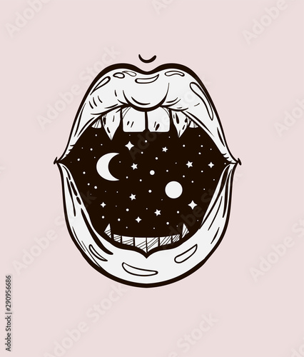 open mouth with space inside tattoo, print on t-shirt