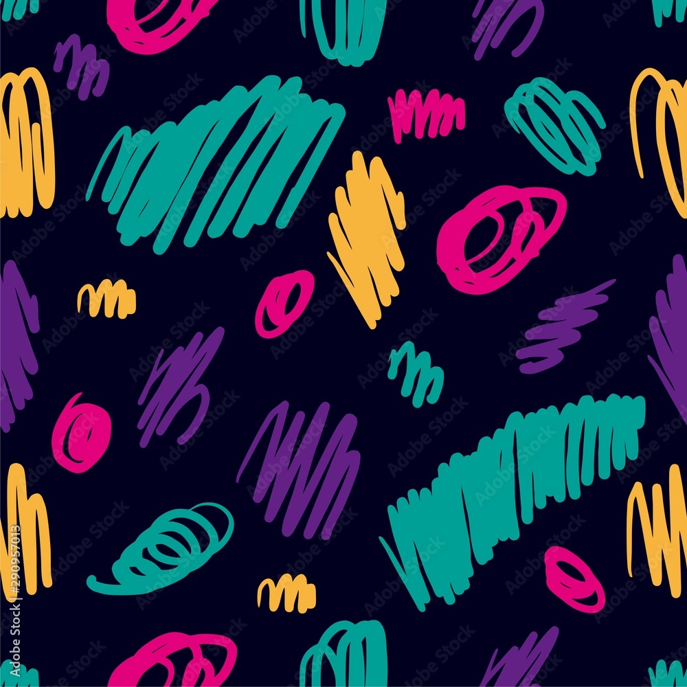 Seamless colorfull pattern hand drawn scrawl sketch. Freehand drawing. Color seamless vector abstract scribbles, chaos doodles. Decorative illustration, good for printing, packaging, fabric.