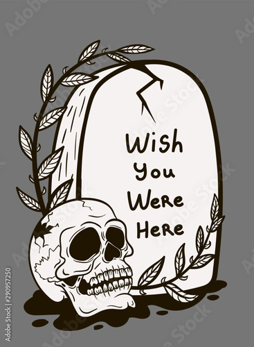 tombstone and skull print on t-shirt, doodle tattoo
