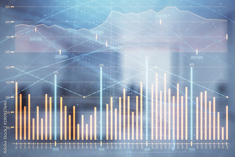 Stock market chart with trading desk bank office interior on background. Double exposure. Concept of financial analysis Stock market chart with trading desk bank office interior on background. Double exposure. Concept of financial analysis