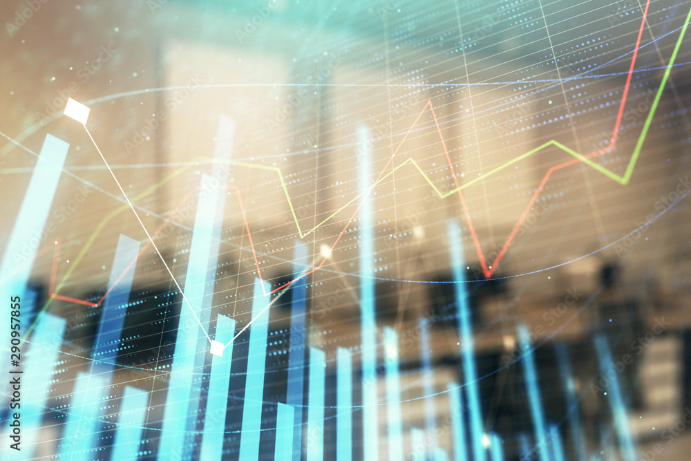Stock market chart with trading desk bank office interior on background. Double exposure. Concept of financial analysis Stock market chart with trading desk bank office interior on background. Double exposure. Concept of financial analysis