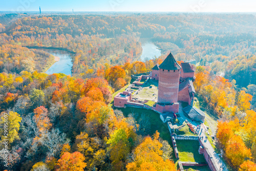 Amazing Aerial View over the Turaida Castle during Golden Hours, Sunset Time, Sigulda, Latvia, Touristic Place, Beautiful Wallpaper - Image photo