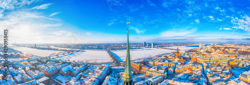 Beautiful Aerial Panoramic View of Golden Cock on the Top of the Dome Cathedral During Snowy Winter Time in Old Riga Town, Amazing Wallpaper - Image
