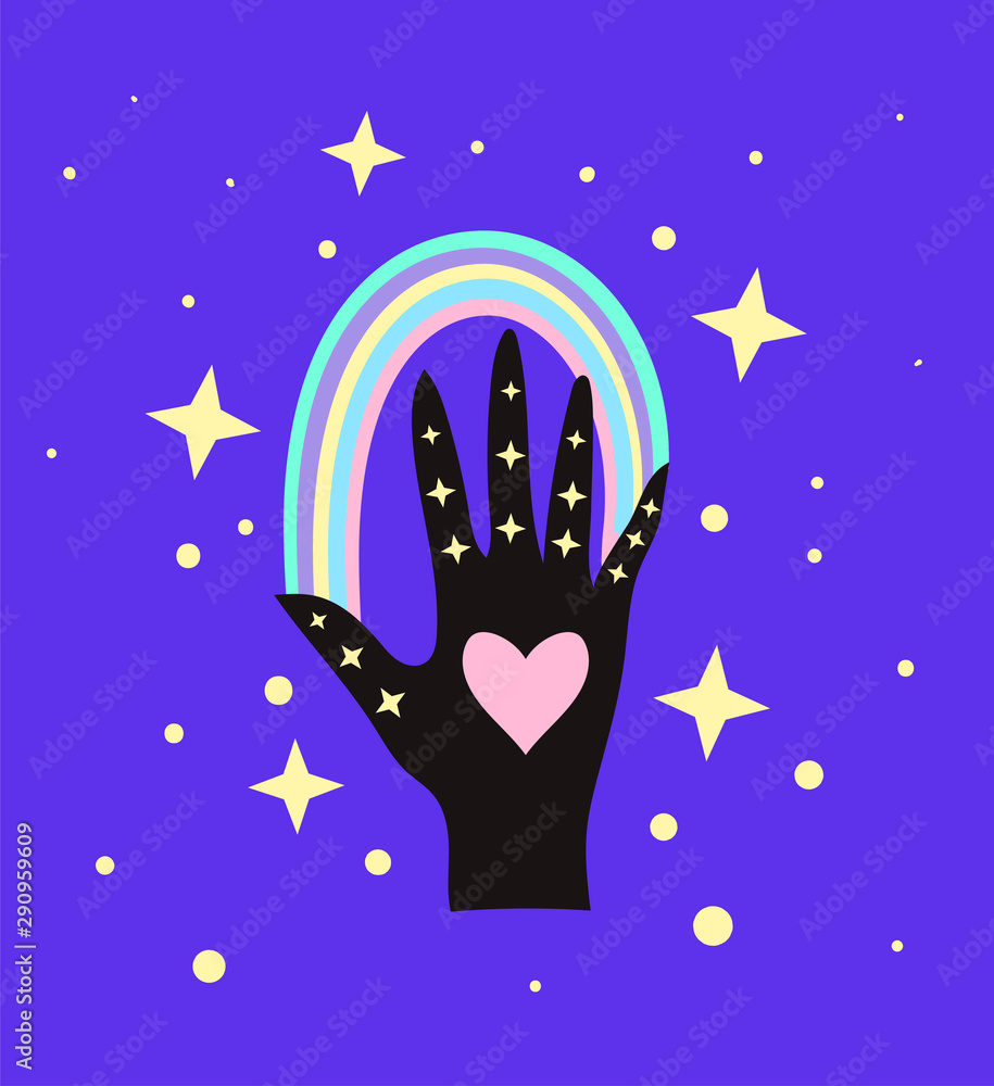 hand with a rainbow among the stars, a symbol