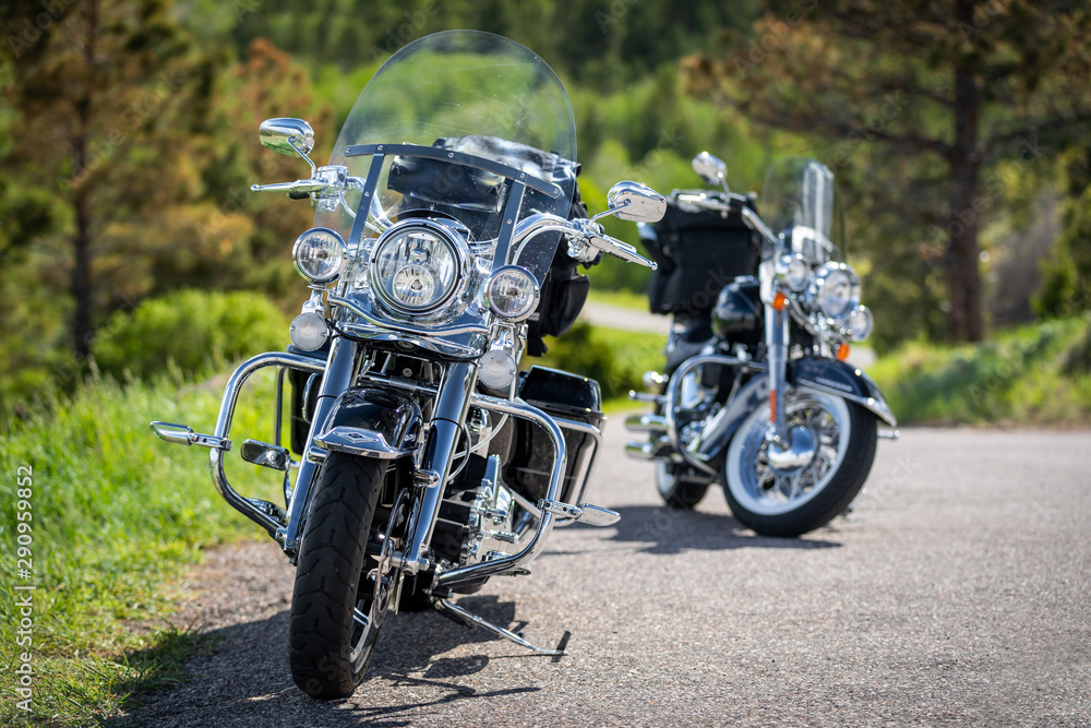 custom made wallpaper toronto digitalClose up of two motorbikes with chrome details against a background green with trees and meadows