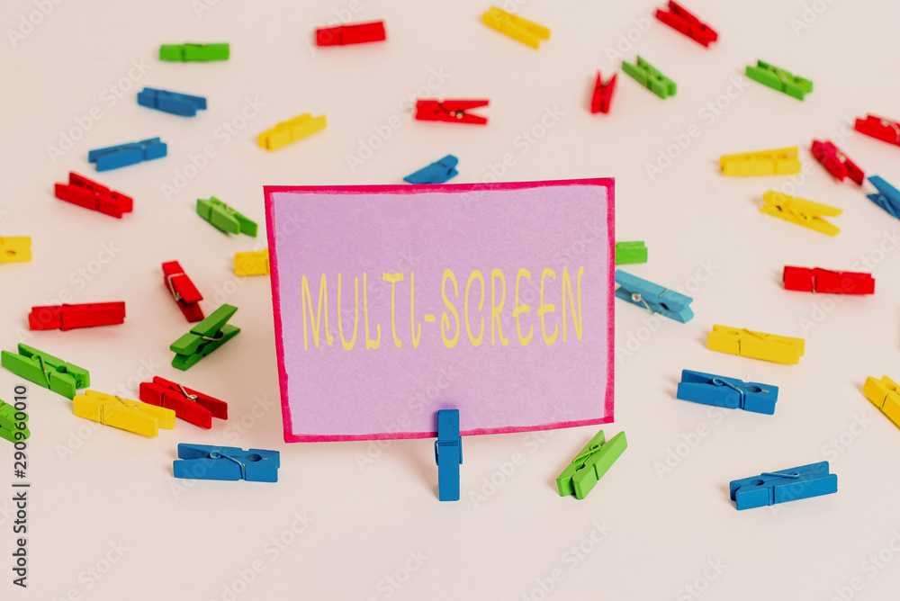 Conceptual hand writing showing Multi Screen. Concept meaning Having or involving several screen especially in a cinema Colored clothespin papers empty reminder white floor office Conceptual hand writing showing Multi Screen. Concept meaning Having or involving several screen especially in a cinema Colored clothespin papers empty reminder white floor office