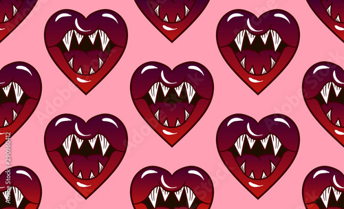 seamless pattern hearts with fangs and mouth