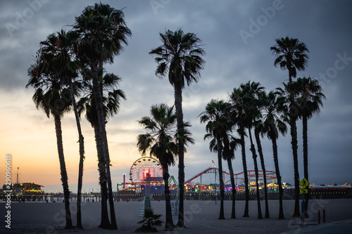 Santa Monica pier at sunset, with the silohuette of a group of palm trees in the foreground © Roberto
