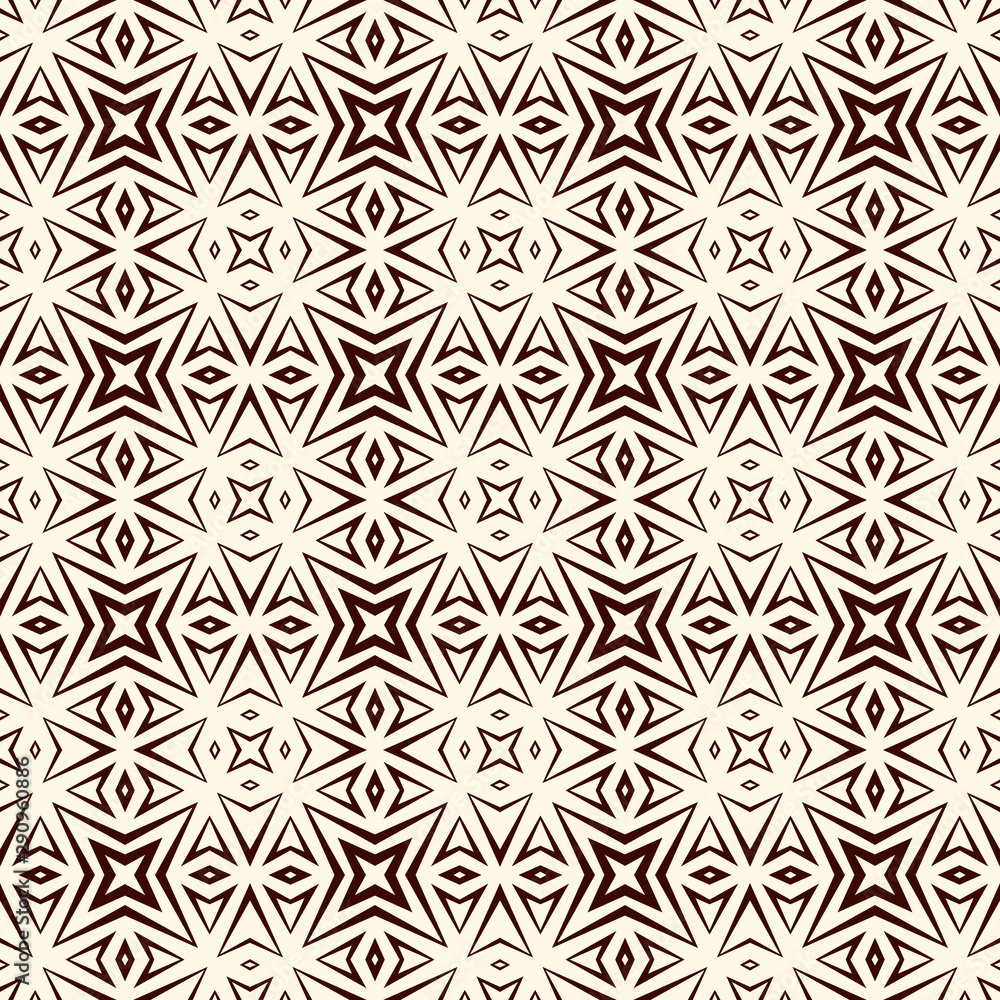 Outline seamless pattern with geometric figures. Repeated stylized stars abstract background. Ethnic and tribal motif
