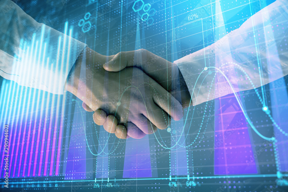 Multi exposure of forex graph on abstract background with two businessmen handshake. Concept of success on stock market Multi exposure of forex graph on abstract background with two businessmen handshake. Concept of success on stock market