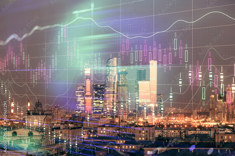 Multi exposure of financial chart on Moscow city downtown background. Concept of stock market analysis Multi exposure of financial chart on Moscow city downtown background. Concept of stock market analysis