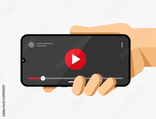 Smartphone mockup in human hand. Video player application. Play, pause, slider button. EPS10 Vector