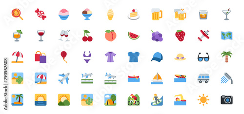Beach, summer traveling icons set. Swimming, diving, exotic recreation vector illustration symbols set collection.