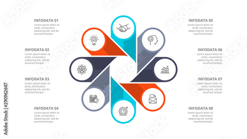 Cyclic diagram infographic with circles. Modern infographic design template with 8 options, steps or parts. Flat vector illustration for business presentation.