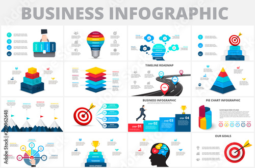 Vector startup infographics, diagram chart, graph and presentation. Business report with 4, 5 and 6 options, parts, steps processes. Lightbulb, circles, target, pyramid and timeline.