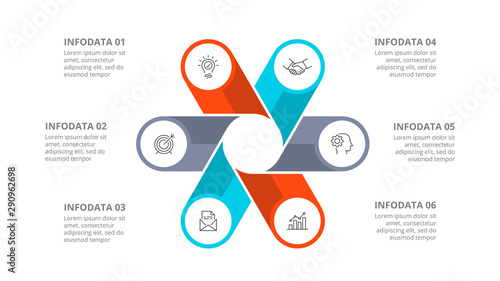 Cyclic diagram infographic with circles. Modern infographic design template with 6 options, steps or parts. Flat vector illustration for business presentation.