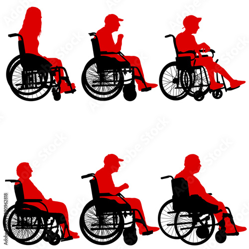 Silhouettes disabled in a wheel chair on a white background
