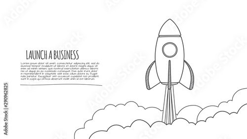 Doodle startup infographic. Hand drawn rocket illustration.