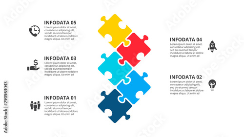 Puzzle vector processes infographics. Businecc concept for chart, diagram, web design, or presentation with 5 options.