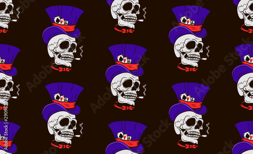 seamless pattern skull in top hat with cigarettes