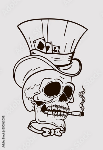 skull in top hat with bow tie and cigarette