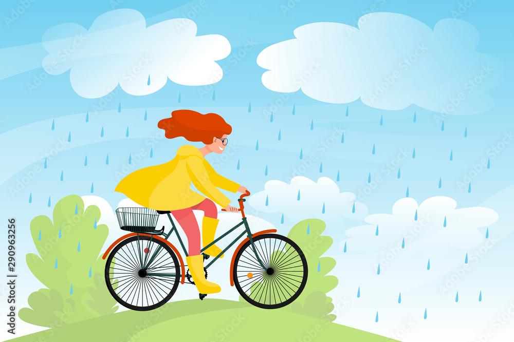 Fototapeta premium Beautiful girl in yellow raincoat rides bicycle in nature under rain, bike travel in a park. Stock vector illustration.