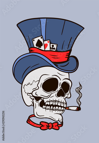  skull in top hat with cigarettes and cards, old fashioned tattoo