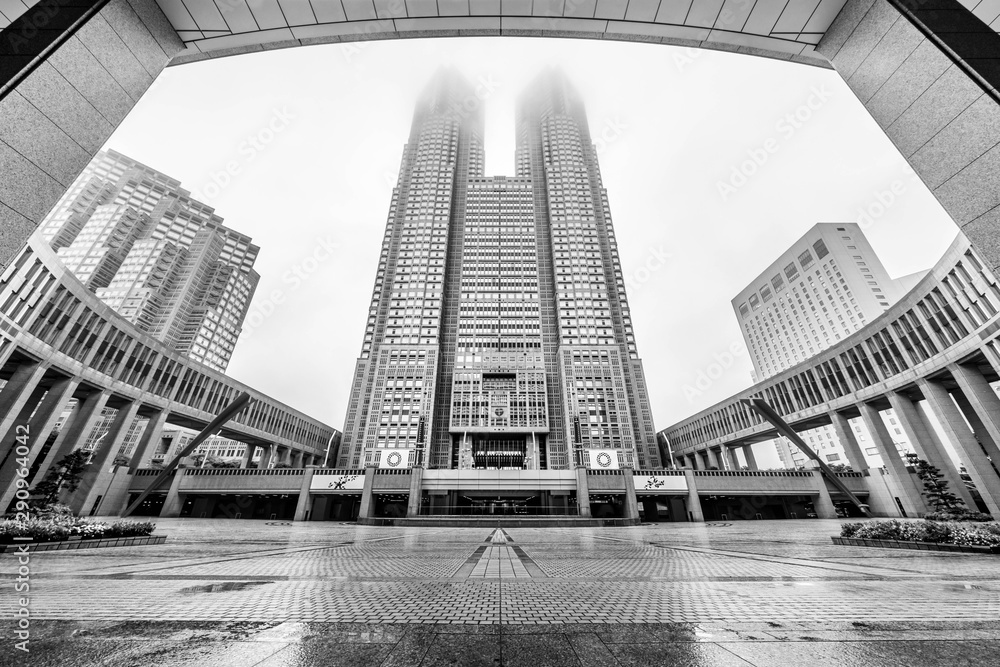 Black and white symmetrical shot of downtown Tokyo in a foggy day, with two skyscrapers in the center