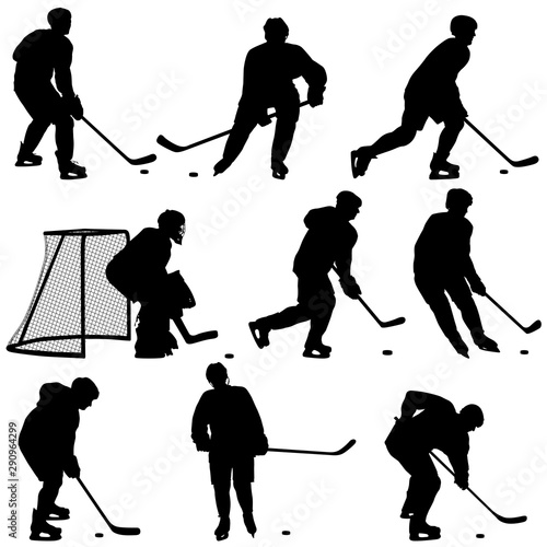 Set of silhouettes of hockey player on white background