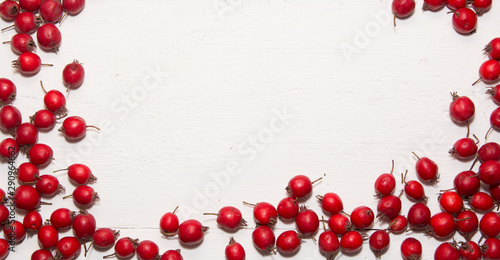 red berries of hawthorn with green leaves white wooden texture background top view frame from berries texture tree