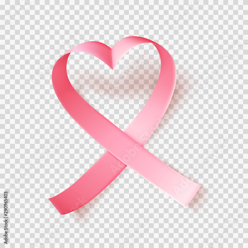 Symbol of world breast cancer awareness month in october. Pink ribbon over transparent background. Heart shaped. Vector