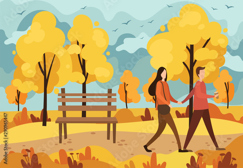 Autumn park with a bench and a walking couple in love. Vector illustration of a cartoon autumn park with yellow trees and people.