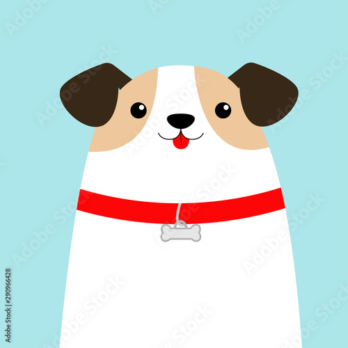 Dog face head. White puppy pooch. Red collar bone. Cute cartoon kawaii funny baby character. Flat design style. Help homeless animal concept. Adopt me. Pet adoption. Blue background. Isolated.