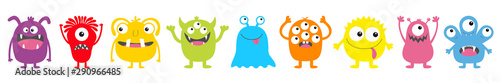 Monster colorful round silhouette icon set line. Happy Halloween. Eyes, tongue, tooth fang, hands up. Cute cartoon kawaii scary funny baby character. White background. Flat design.