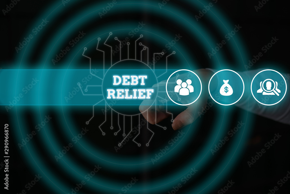 Conceptual hand writing showing Debt Relief. Concept meaning partial or total remission of it especially those by countries Male wear formal suit presenting presentation smart device Conceptual hand writing showing Debt Relief. Concept meaning partial or total remission of it especially those by countries Male wear formal suit presenting presentation smart device